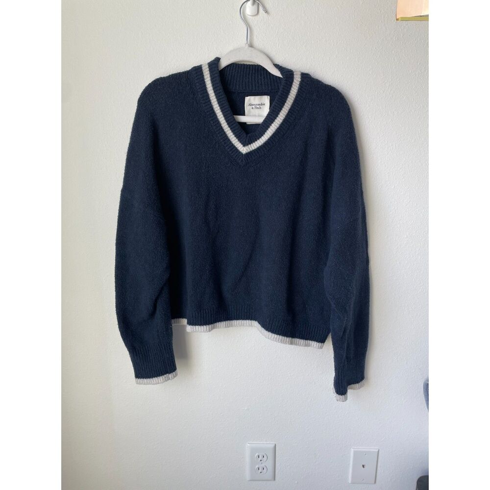 Abercrombie Fitch preppy knit sweater L navy striped wool blend v neck top